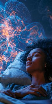 African American woman experiencing neural decoding of dreams while sleeping on the bed at night. Concept of dream analysis and neuroscience.