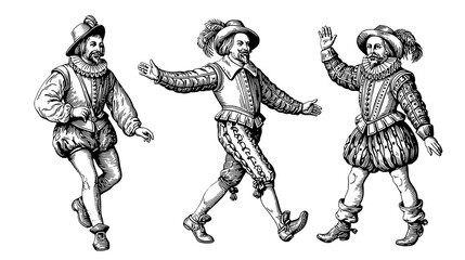 Fototapeta premium Renaissance actors in period costumes isolated on transparent background PNG cutout