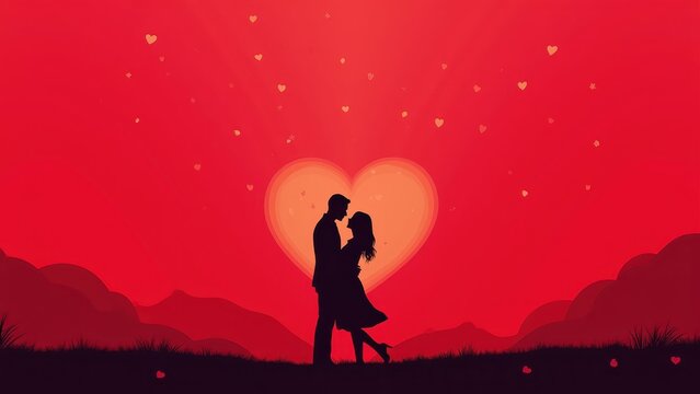 Duotone high contrast Valentine silhouette bold two-color gradient, red pink dramatic trendy modern minimalist style stunning, geometric composition romantic poster