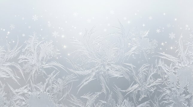 Beautiful frozen ice crystal patterns on a cold window glass surface with glowing sparkles for a magical winter holiday background