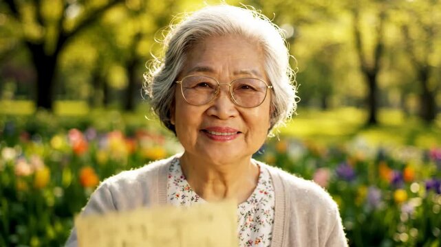 A senior woman holds up a heartfelt handwritten note with drawings in a vibrant garden.