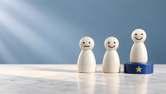 Smiling wooden figure standing on a star pedestal above others representing employee recognition and outstanding business performance