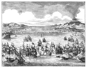 Naval battle between the Dutch and French fleets near Syracuse in 1676, Battle of Augusta with Mount Etna in the background, old vintage illustration, 1894 © Timofeeff