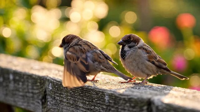 Two charming sparrows perched on a wooden fence at golden hour with a beautiful bokeh background.