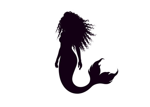 Dark purple silhouette of a standing mermaid with long curly hair and fish tail on white background