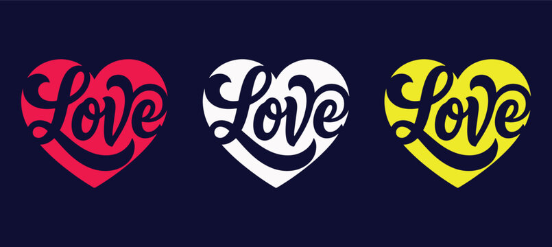 Set of three hearts with the word love written in elegant cursive script valentine typography affection illustration