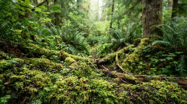 Lush temperate rainforest floor with mosscovered fallen logs, ferns, and dense greenery in a misty, atmospheric woodland setting