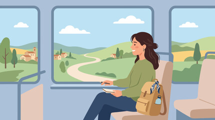 Fototapeta premium Young Woman Traveling by Train, Looking Out Window at Scenic Landscape