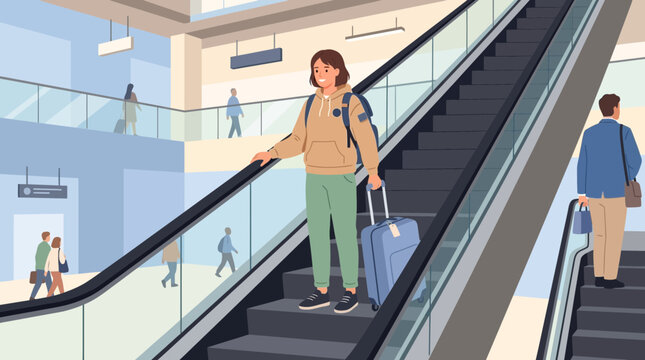 Young Woman with Backpack and Suitcase on Escalator at Airport/Station