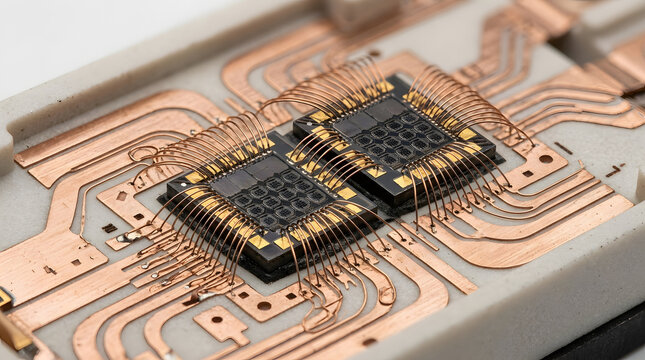 Microchip package with dense gold wire bonding and copper circuit traces for advanced semiconductor electronics and engineering technology