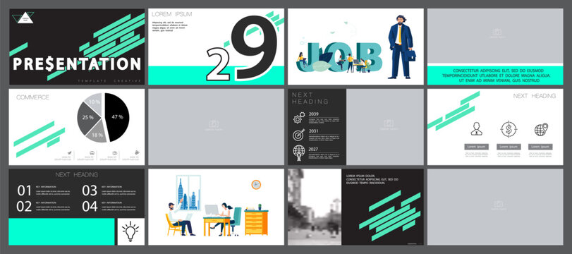 Presentation design template PowerPoint business project, photo, green design white background, set. People, job in the office. Use in annual report, marketing advertising. Vector infographic
