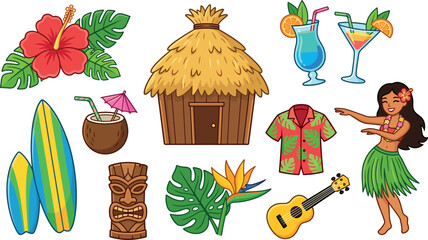 Tropical Tiki Party Vector Icon Set Featuring Hula Dancer, Straw Hut, Surfboards, Tiki Mask, Ukulele, Hawaiian Aloha Shirt, and Exotic Summer Cocktail Illustrations © SM