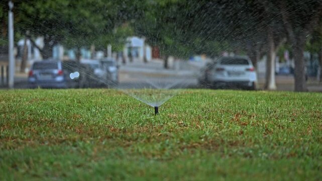 Sprinkler operates to water the grass in a park located in a city. Cars are parked nearby while trees provide shade in the background.