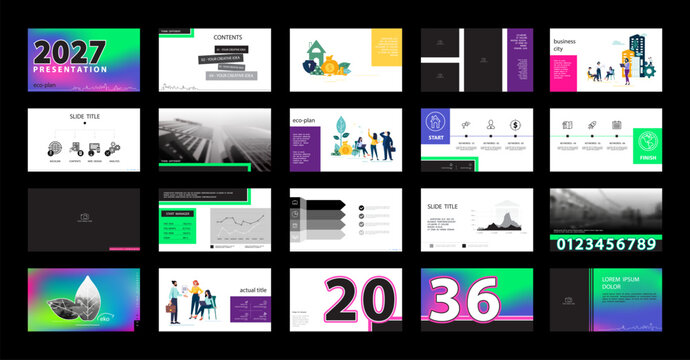 Graphic design project presentation colorful, powerpoint. Infographic slide template. For use in flyer, webinar landing page, banner. Team of people creating eco-business, photo, Vector illustration
