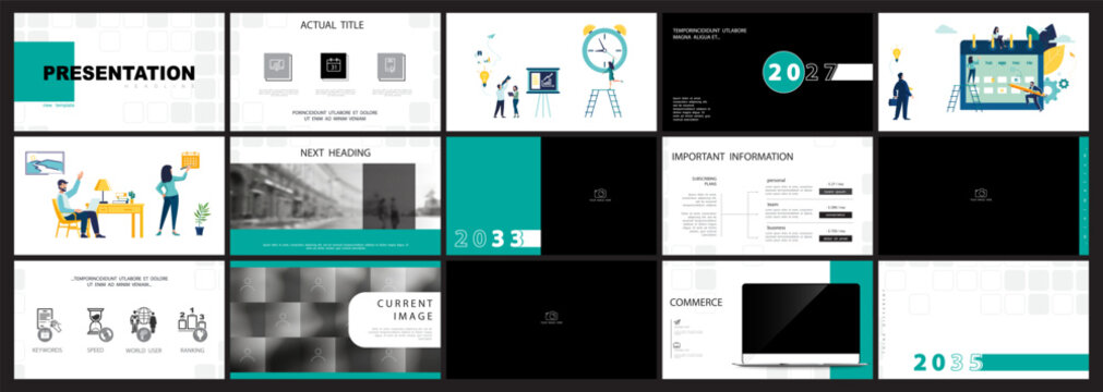 Green presentation design template on white background. PowerPoint, business project, photo, set. Businessman analyzes financial income. Use in annual report, marketing advertising. Vector infographic