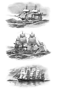 Three vintage ships, the five-masted barque Potosi, the steam frigate Elisabeth, and the steam corvette Augusta, old vintage illustration, 1885