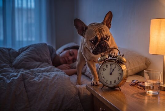 Funny French bulldog turning the alarm clock back at night while owner sleeps, Fall Back daylight saving time ends November 1 concept/ British Summer Time ends 25 October.