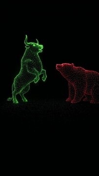 Digital green bull and red bear fighting together on black background for financial theme
