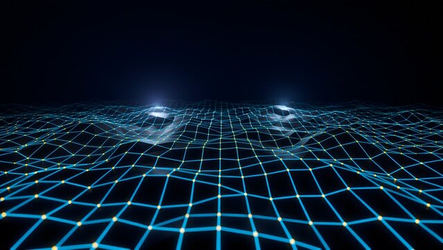 Abstract dark digital landscape with blue grid and yellow lights for futuristic concepts.