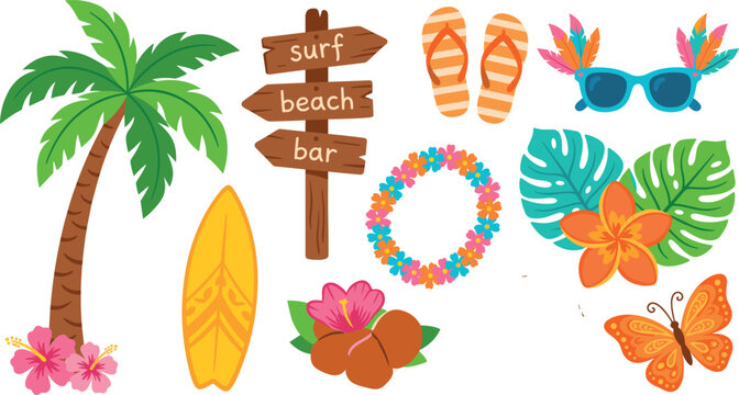 Tropical Summer Vacation Vector Icon Set Featuring Palm Tree, Surfboard, Beach Wooden Sign, Hibiscus Flowers, Sunglasses, Flip Flops, and Hawaiian Lei Elements