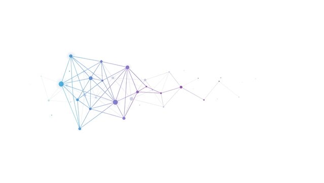 Connected network structure with blue and purple nodes for digital data communication flow.
