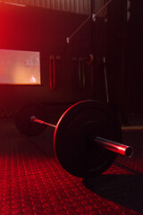 Loaded barbell resting on rubber coin flooring in gym, catching red accent light © WavebreakMediaMicro