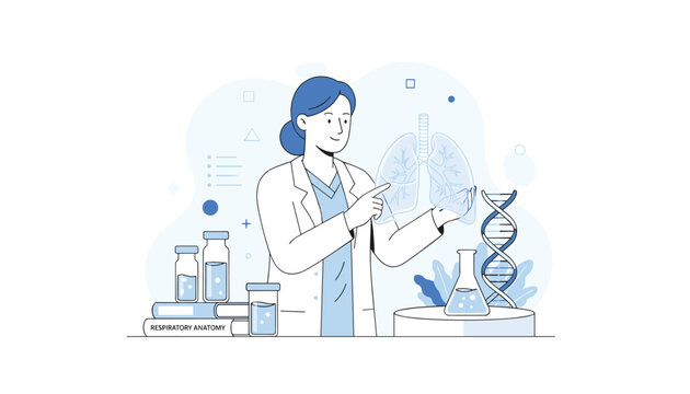 Professional female doctor presenting a transparent human lung illustration during medical research in a laboratory.