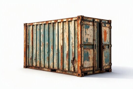 An old, eerie looking shipping container against a white background