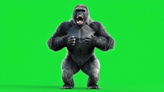 Muscular silverback gorilla standing on hind legs and beating chest on chroma key green screen background
