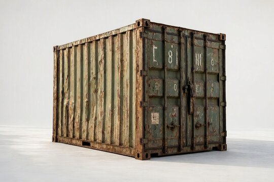 An old, eerie looking shipping container against a white background