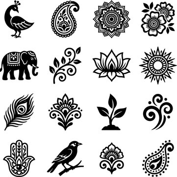 Collection of black and white henna icons including elephants and traditional Indian patterns