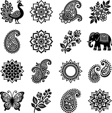 Diverse set of black and white henna vector graphics with flowers and animals