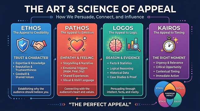 Infographic diagram explaining the art and science of appeal, ethos, pathos, logos, and kairos for persuasive communication