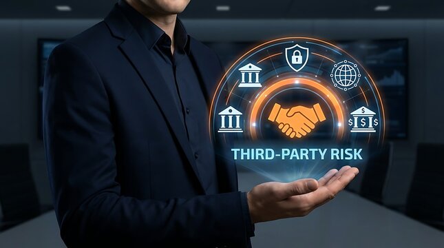 Third-party risk management concept, businessman holding digital hologram with handshake and icons, corporate compliance and security strategy