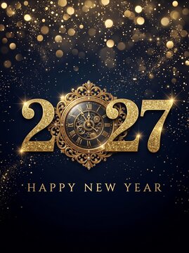 A festive New Year's Eve greeting featuring the year 2027 in ornate gold lettering with an antique clock face replacing the zero, set against a dark blue background with sparkling golden bokeh lights.
