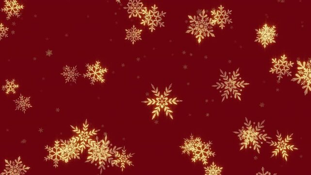 ループするアニメーション。濃い赤の背景に金色に輝く雪が降る。美しく優雅でエレガントな雪の結晶。アンティーク調のテクスチャーのエレメント。3DCG。冬の空から舞い落ちる雪。キラキラして可愛いイラストの結晶。クリスマスやホリデイのような季節のカードの雰囲気。クリスマスカラーにデコレーションされた動画。