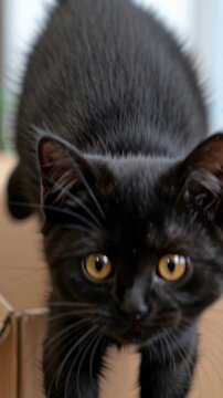 Black kitten with golden eyes peeking over a cardboard box in a living room