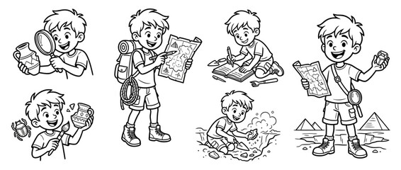 Young explorer boy discovering ancient artifacts and maps, cartoon style © samsularifin