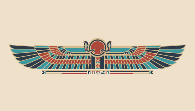 Ancient Egyptian winged sun disk symbol flanked by two protective cobras on wings detailed with colorful geometric patterns.