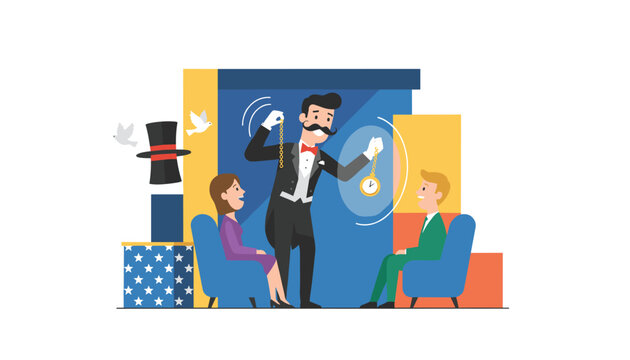 Magician in a classic black tuxedo hypnotizing a young couple using a swinging golden pocket watch during his show.