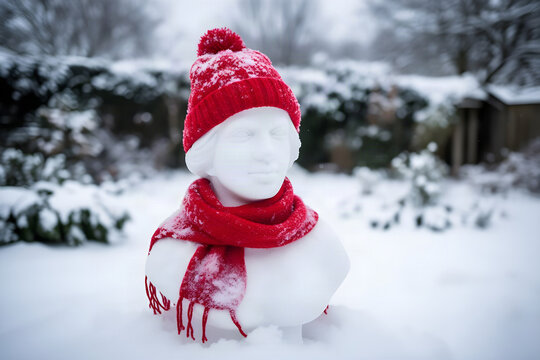 Inverno e freddo: buffo pupazzo di neve a forma di donna con sviarpa e cappello