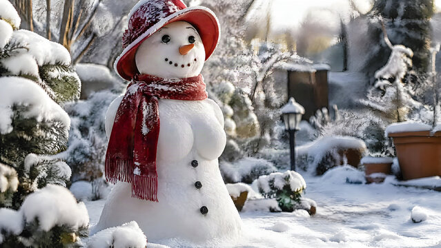 Inverno e freddo: buffo pupazzo di neve a forma di donna con sviarpa e cappello
