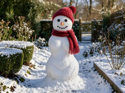 Inverno e freddo: buffo pupazzo di neve a forma di donna con sviarpa e cappello