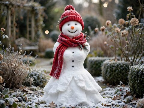Inverno e freddo: buffo pupazzo di neve a forma di donna con sviarpa e cappello