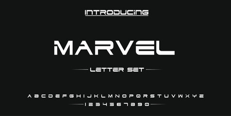 Futuristic minimalist font displayed on a dark background with full alphabet and numbers for technology branding and modern digital typography design. © VectorNest
