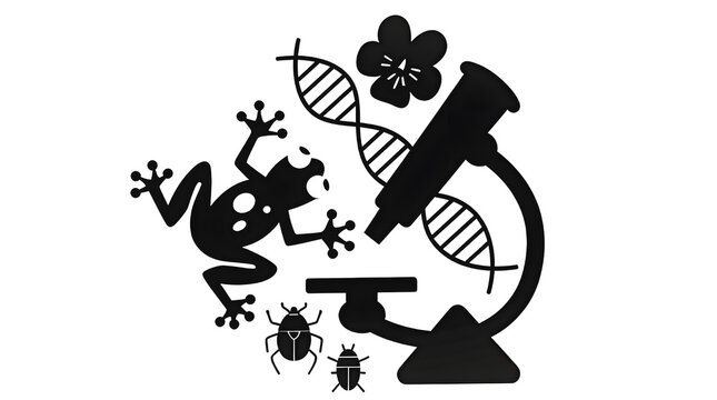 Black and white biology research graphic with microscope, DNA helix, frog, beetles, and flower, perfect for genetics, zoology, botany, and scientific education icon or logo design.  