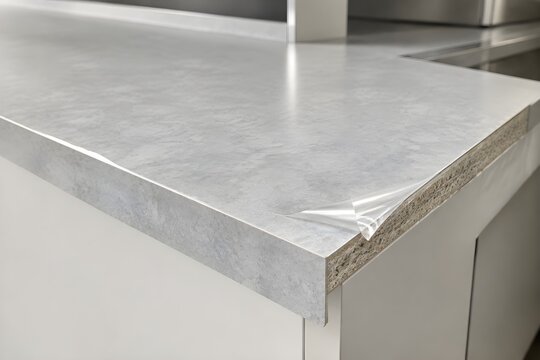 Unfinished sandwich counter with grey laminate top and peeling protective film