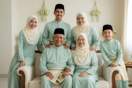 Joyful Malay family in matching pastel mint baju raya celebrating Hari Raya in a bright living room