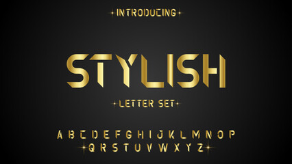 Modern sleek typography font set features folded golden alphabet letters and numbers on dark backdrop. © VectorNest