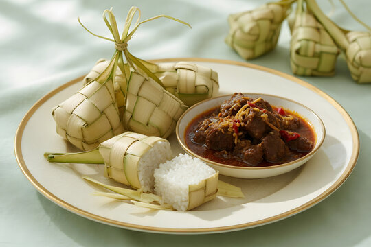 Close-up of woven palm leaf ketupat, one cut open, with beef rendang on a gold-rimmed plate
